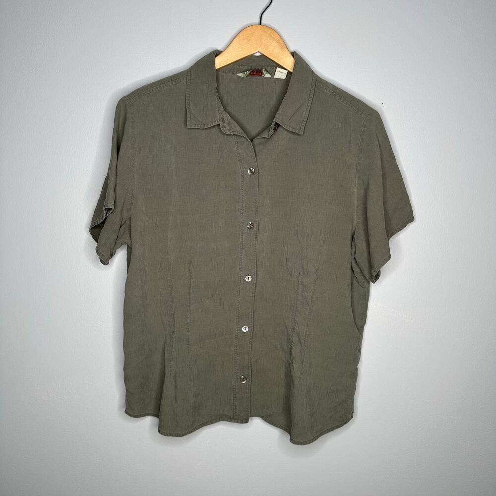 Tommy Bahama‎ Silk Button Down Mens XL Olive Green Textured Short Sleeve Luxury